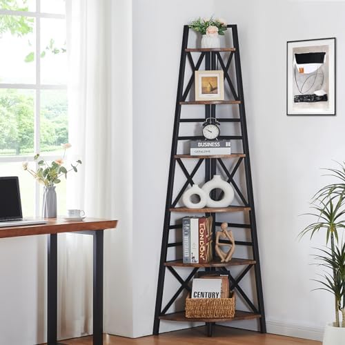 HOMBAZAAR 6 Tier Corner Shelf,74 Inch Tall Corner Bookshelf,Rustic Brown