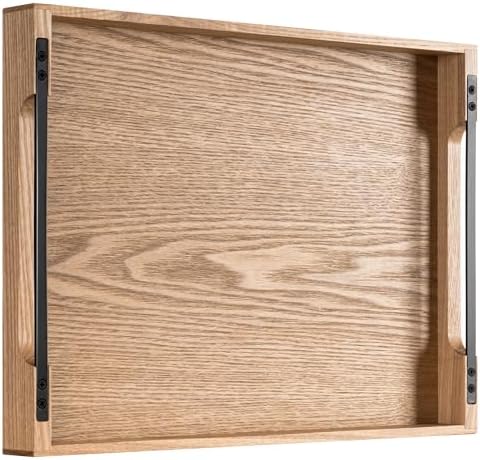 Axeman Wooden Serving Tray with Metal Handles|Ottoman Tray for Breakfast, Bed, Couch|17x13in Ash Wood Coffee Table Trays|Food Drinks Decorative Storage Boards for Ottoman Kitchen, Natural