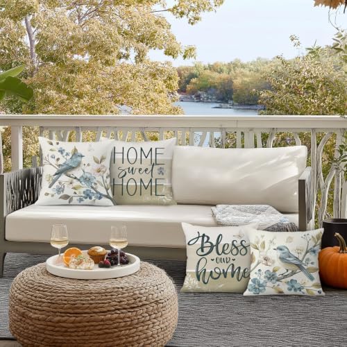 Bonhause Fall Brown Bird Floral Throw Pillow Covers 18 x 18 Inch Flowers Leaves Branch Home Sweet Home Autumn Soft Velvet Decorative Cushion Case for Outdoor Patio Sofa Couch Set of 4