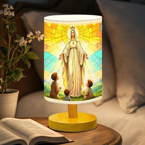 Our Lady of Fatima Apparition Table Lamp LED 3-Color Pressed Bedside, Our Lady of Fatima Apparition Shade Lamp with Wood Base for Bedroom Living Room Desk Office TL01