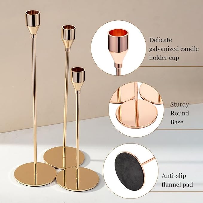 Aha Essential - Taper Candlestick Holders Set of 6 | Decorative Candlestick Holders for Home Decor, Wedding, Dinning, Parties, Anniversary, Bathroom - Candle Holders for Centerpiece (Champane Gold)
