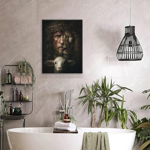 Jesus Canvas Wall Art Lion of Judah Pictures Christian Art Painting Religious God Prints Sheep Lion Modern Artwork for Bathroom Living Room Bedroom Office Framed Wall Decor 12"x16"