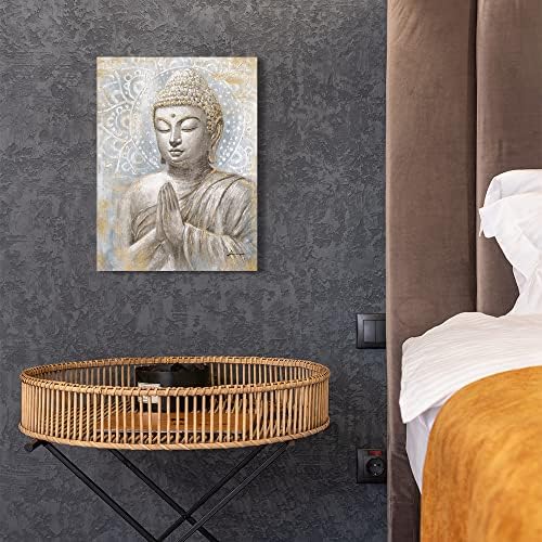 Gold Buddha Wall Art Decor: Small Laughing Buddha Painting with Mandala Flower and Gold Leaf Buddha Pictures for Living Room Bedroom Yoga Room Buddhist Meditation Room Home Decorations 12x16inch