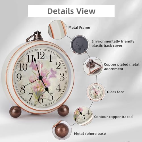 Classic Vintage Table Clock - 5.2in Pink Tulips Analog Desk Clock, Silent Non-Ticking Clock with Distressed Metal Frame for Office, Living Room or Bedroom (Pink Tulips)