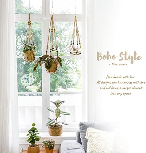 Mkono Macrame Plant Hanger Indoor 35 Inch Hanging Planter Basket Brown 2Pcs
