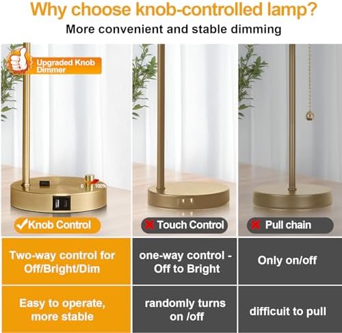 Lynnoland Set of 2 Industrial Table Lamps with USB C+A Ports and Outlet, Brass Fully Stepless Dimmable Bedside Lamps, Nightstand Lamps with Clear Glass Shade for Living Room Office (2 LED Bulb)