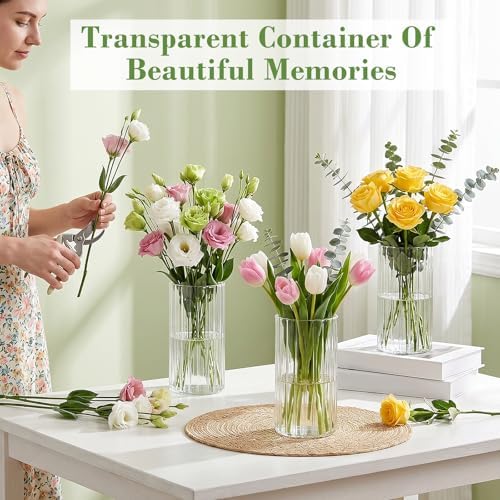 12 pcs Ribbed Glass Cylinder,6 inch Flower Vases for Centerpieces | Clear Glass Candle Cylinders, Flower Vase & Floating Candle Holder, Wedding Decorations, Dining Table & Home Décor Gift