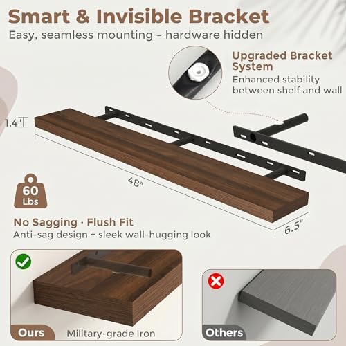 FLYJOE 48 Inch Floating Shelves for Wall Set of 2, 6.5" D Wood Grain Bathroom Shelves with Invisible Brackets, Easy Install Engineered Wood Storage Shelves for Kitchen, Living Room, Bedroom
