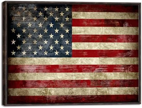 Pyradecor Walnut Framed Canvas Wall Art Old Vintage American Flag Canvas Prints Abstract Pictures Paintings for Office Home Decorations