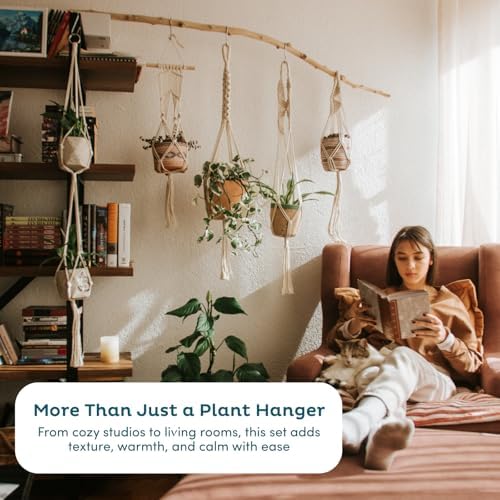 Nook Theory 6-Pack Macrame Plant Hangers with 12 Hooks - Hanging Planters for Indoor Plants, Boho Macrame Hangers Indoor Outdoor, Decorative Plant Hanger Indoor (Cream)