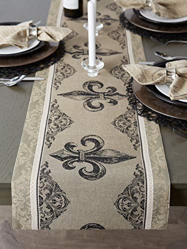 DII French Style Tabletop Kitchen Collection, Table Runner, 14x72, Fleur de Lis Stripe