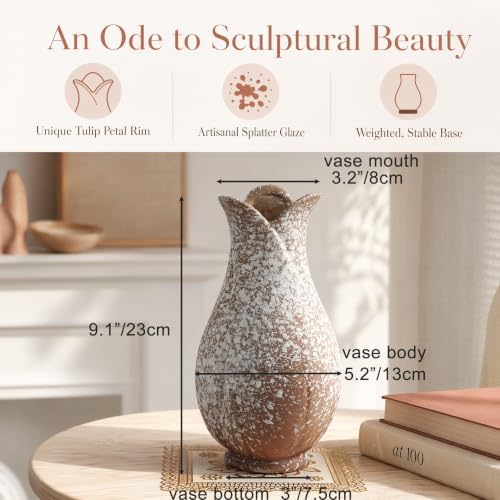AOZITA Ceramic Flower Vase,9.3" Tall Rustic Farmhouse Vase with Gradient Finish, Vintage Home Decor for Living Room, Kitchen, Bedroom & Office, Terracotta Tulip