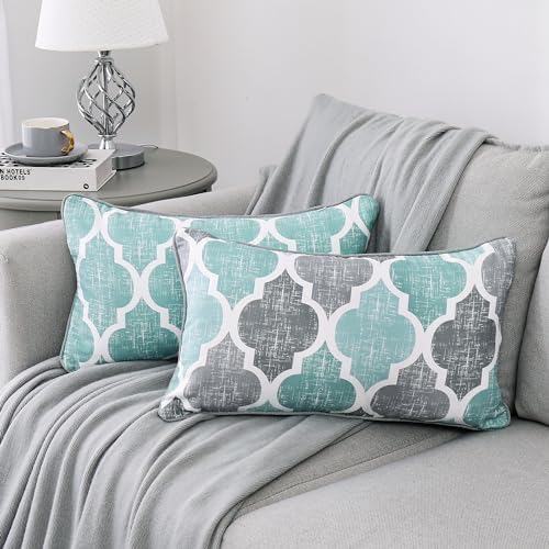 Beauoop Throw Pillow Covers 20x12 for Couch Sofa Moroccan Aqua Gray 2 Sets