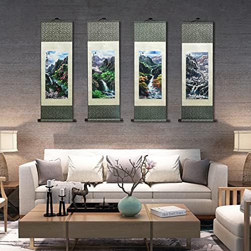 AtfArt Asian Wall Decor - Beautiful Silk Scroll Painting: Four Seasons Landscape - Summer, Autumn, Winter-Spring - Oriental Decor - Chinese Art Wall Scroll - 39 x 12in (Four Piece)