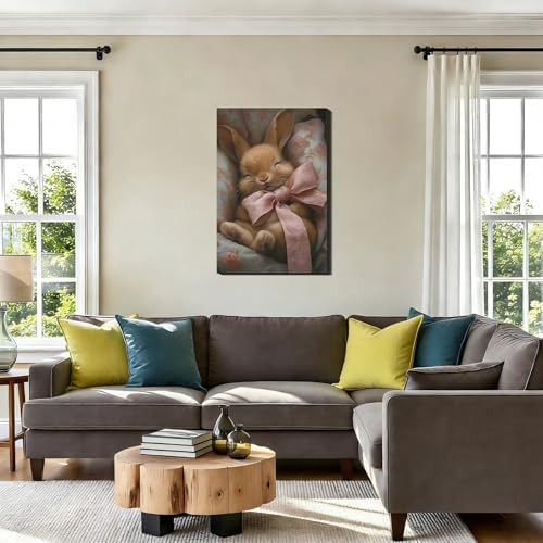 RIBNTAK Easter Rabbit with Pink Bow Canvas Wall Art 12x18, Bunny Pictures for Kids Room, Cozy Spring Easter Canvas Painting Prints Wall Decor, Holiday Artwork for Nursery Bedroom Decoration