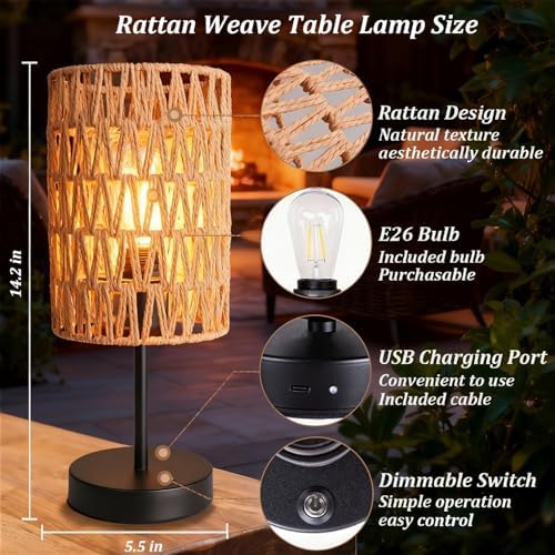 Rechargeable Outdoor Table Lamps, Rattan Boho Cordless Battery Operated Table Lamps, Patio Lamp for Living Room, Balcony, Bedside Decor- Set of 2 (Beige)