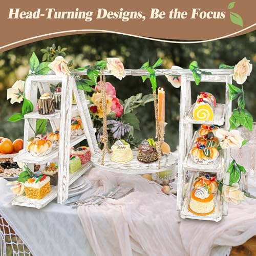 Wisreach Wooden 3 Tier Cupcake Stand with Swing and Flower Decoration Serving Removable Tray Display Serving Ladder Foldable Stand with Serving Platter Tray Party Food Display Set for Cake Snack Fruit Chips Bread Centerpieces Catering