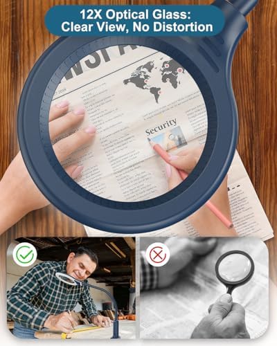 12X Magnifying Glass with Light and Stand, Real Glass, LED 5 Color Modes, Brightness Stepless Dimming Lighted Magnifier Hands Free, Flexible Gooseneck Desk Lamp with Clamp for Close Work, Craft, Blue
