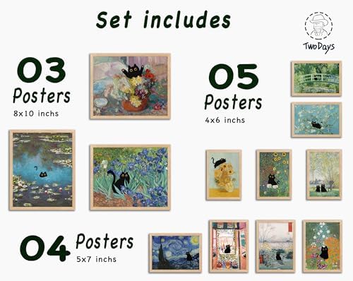 TwoDays Vintage Black Cat Room Decor, Funny Cats in Famous Painting, Monet Van Gogh Matisse Wall Art Prints for Bathroom Bedroom Aesthetic (Multi Sizes, Set of 12, 8" X 10" Largest, UNFRAMED)