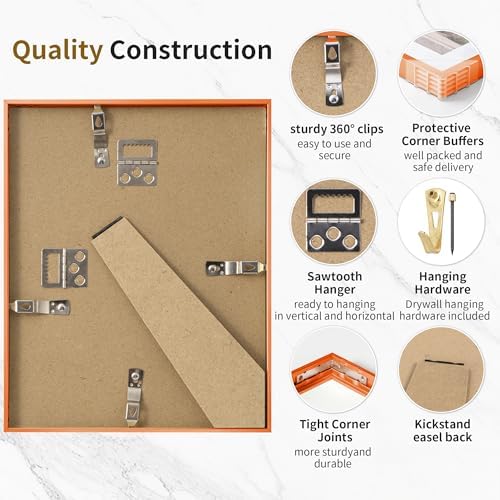 Fun Memories 8.5x11 Metal Picture Frame- 8.5x11 Aluminum Photo Frames with 6x8 Mat, High-Definition Plexiglass Front, and Hanging Hardware - Ideal for Wall or Tabletop Display (Orange, Pack of 1)