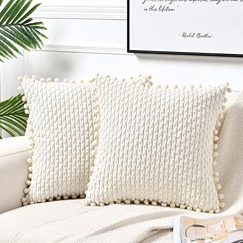 Fancy Homi Set of 2 Cream White Decorative Throw Pillow Covers 20x20 Inch with Pom-poms for Couch Bed Sofa, Modern Farmhouse Boho Home Decor, Soft Plush Corduroy Cute Cushion Case 50x50 cm