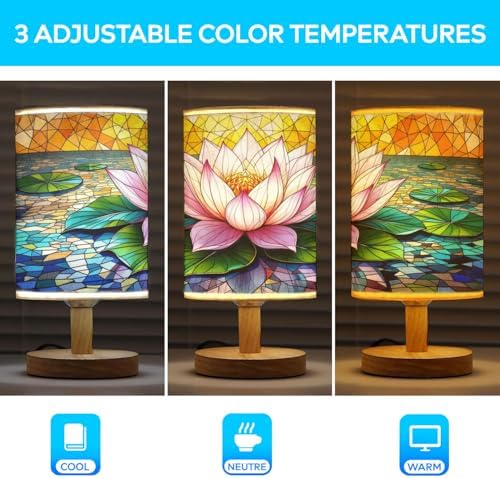 Lotus Table Lamp LED 3-Color Pressed Bedside, Lotus Shade Lamp with Wood Base for Bedroom Living Room Desk Office TL01