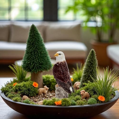 WitnyStore Tiny 3½" Bald Eagle Bird On Stump Figurine - Miniature Hand Made Ceramic Birds of Prey Colorful Porcelain Feathered Animal Cute Decorative Figures Collectible Figurines Décor Gifts