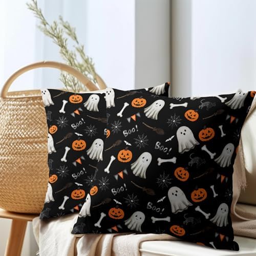 Halloween Throw Pillow Covers 20X20 Inch 2 Packs Boo Cute Ghost Orange Pumpkins Bat Web Decorative Black Pillow Cases Holiday Cotton Linen Cushion Cover for Home Sofa Porch Outdoor Decor