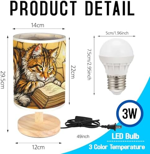 Cat & Book Table Lamp LED 3-Color Pressed Bedside, Cat & Book Shade Lamp with Wood Base for Bedroom Living Room Desk Office TL01