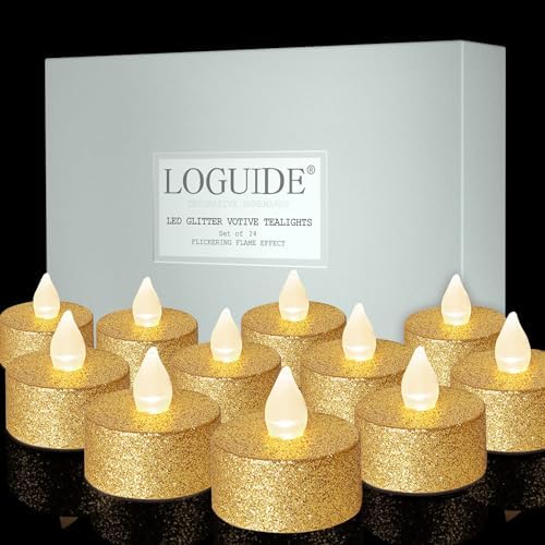 Battery Operated LED Tea Lights,24 Pack Gold Flameless Votive Tealights Candle with Warm White Flickering light, Small Electric Fake Tea Candle Realistic for Wedding,Table,Festival Celebration