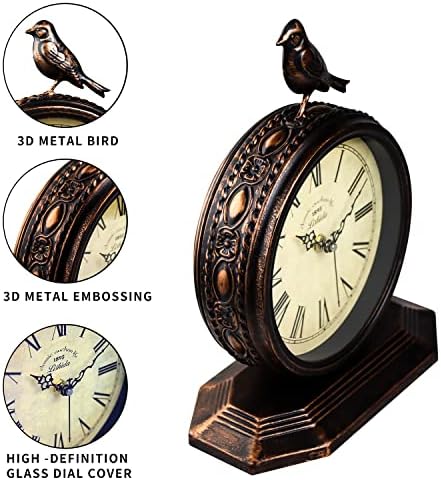 Desk Clock for Bedroom Kitchen Vintage Table Clock Mantel Desktop Farmhouse Tabletop Metal Clock for Office Living Room Silent Decor Battery Operated Bird