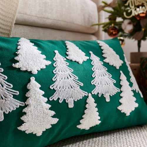 Green Christmas Pillow Covers 12x20 Inch Embroidery White Xmas Trees Decorative Lumbar Throw Pillow Cover Winter Holiday Pillow Case Cushion Cases for Sofa Couch Living Room Decorations