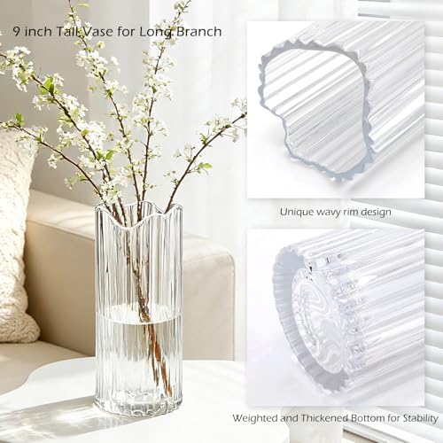 9 inch Tall Ribbed Clear Glass Vase,Vases for Flowers | glass vases for flowers,Glass Cylinder Vases for Wedding Reception,Home Decor,Centerpieces,Housewarming Gift