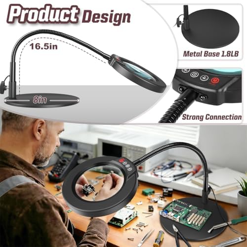10X Magnifying Glass with Light and Stand, 16.5in Flexible Goose-Neck, 5 Color Modes Stepless Dimmable LED Lighted Desk Lamp, Hands Free Magnifier for Crafting Hobby Painting Close Work - Black