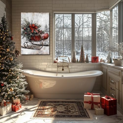 Vintage Framed Canvas Christmas Wall Art Decor 16x24, Farmhouse Red Christmas Prints Winter Paintings for Wall Sleigh Sled Art, Rustic Mantel Decoration, Country Winter Pictures