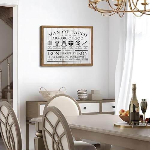 Man of Faith Bible Verses Canvas Wall Decor Framed 16x24 Inch | Scripture Wall Art for Office Gym Prayer Room or Study Room, Armor of God Christian Prints, Inspirational Religious Paintings