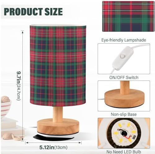 Fustylead Red and Green Plaid Table Lamp for Bedroom USB Port Lamps Small Accent Table Lamp Nightstand Lamp Sturdy Linen Shade Wooden Base Decorative Lamps for Bedside Reading|Kids|Dorm|Home