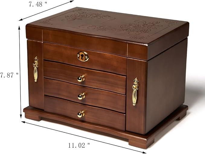 FEECOZ Wooden Jewelry Box for Women, Solid Wood Jewelry Organizer with Mirror and 3-Drawer, Ring,Necklacel,Vintage Style Storage Box with Lock (Dark Brown（Rose Pattern)