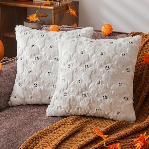 Halloween Cute Ghost Throw Pillow Covers 18x18 Inch Set of 2 Soft Plush Faux Fur Cushion Covers for Fall Decor, Soft Spooky Decorative Pillowcases for Couch Sofa Bench Living Room