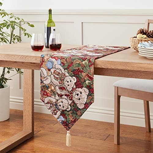 Violet Linen Decorative Christmas Teddy Bears Design Tapestry, 13" X 70" Table Runner