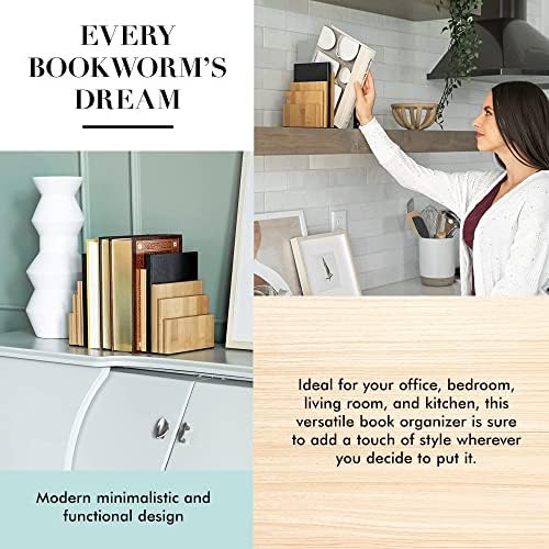 JUSK DESIGN Bamboo Book End/Book Organizer - Non-Skid Decorative Bookends for Office and Home - Book Holders for Shelves - Substantial Weight - Holds Heavy Books