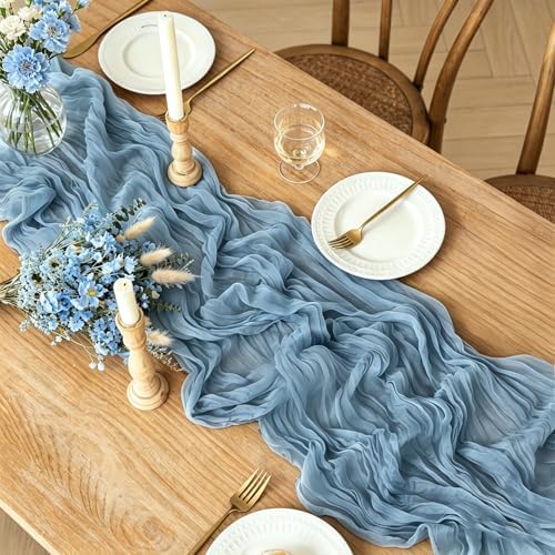 Dust Blue Cheesecloth Table Runner, 10FT Rustic Blue Boho Gauze Table Runner for Wedding Bridal Shower Baby Shower Birthday Tea Party Decorations