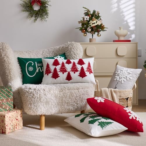 Merry Christmas Pillow Covers 12x20 Inch Embroidery Snowflake Xmas Decorative Lumbar Throw Pillow Cover Winter Holiday Pillow Case Cushion Cases for Sofa Couch Living Room Decorations Gray