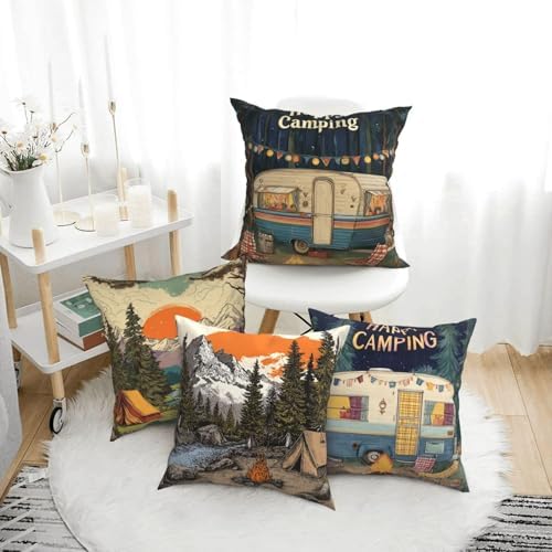 Camping Throw Pillow Covers Set of 4 Decorative Soft Double Sided Print Pillow Case Farmhouse Home Decor for Living Room Sofa Couch 18x18