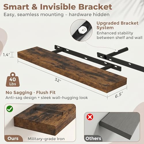 FLYJOE 32 Inch Floating Shelves for Wall Set of 2, 6.5" D Wood Grain Bathroom Shelves with Invisible Brackets, Easy Install Engineered Wood Storage Shelves for Kitchen, Living Room, Bedroom