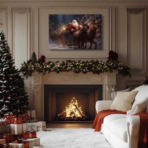 Santa Claus Framed Christmas Wall Art 12x18in, Festive Holiday Wall Decor for Office, Winter Reindeer Canvas Art Print, Farmhouse Christmas Pictures for Living Room Indoor Decorations
