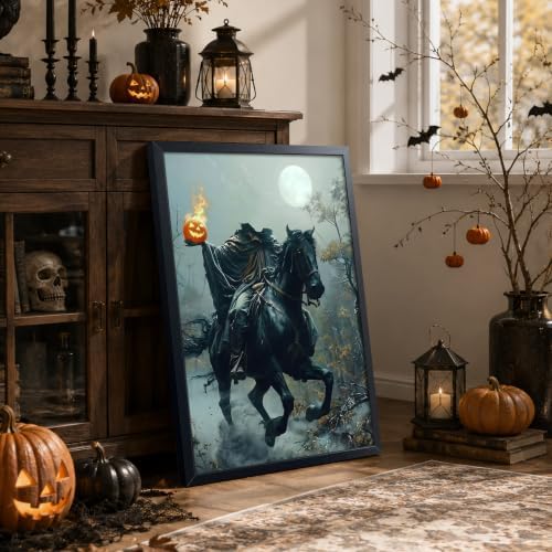 Framed Headless Horseman Halloween Wall Art, Gothic Horror Canvas Poster Print Picture, Spooky Pumpkin Rider Dark Academia Wall Decor Painting for Living Room Bedroom Bathroom Halloween Home Decor 16x24 Inch