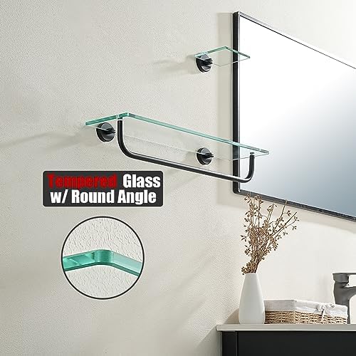 JQK Bathroom Glass Shelf, Shelf with 19 Inch Towel Bar Tempered Glass Shower Storage 20 by 5 inches, 304 Stainless Steel Matte Black Wall Mount, TGS100L20-PB