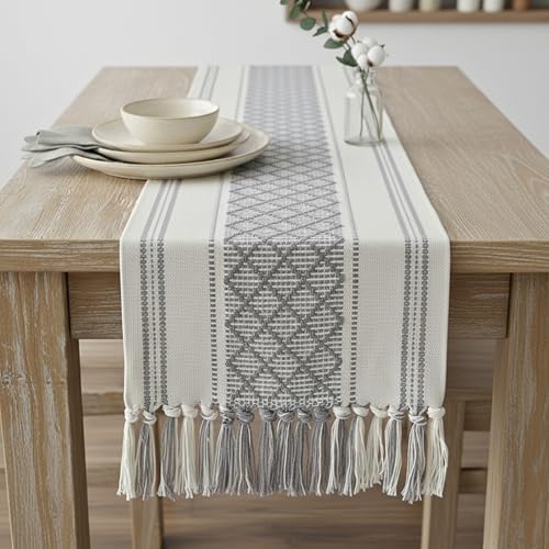 Long Dining Table Runner with Tassels 14 x 90 Inches, Gray & Off White / Woven Washable Console Table Cover / Boho Dresser Scarf Grey / Farmhouse Bohemian Table Top Decorations with Fringe