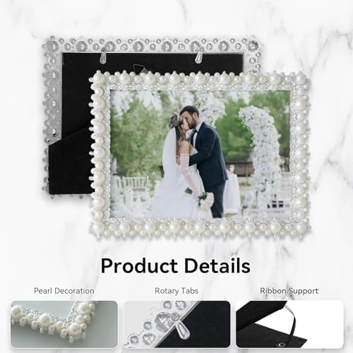 DIKAR 6x8 Wedding Picture Frame, Pearl Photo Frame with HD Acrylic Glass and Metal Frame of Large Pearls & Small Diamonds All Around, for Tabletop or Wall Display Perfect Gifts for Wedding and Anniversary